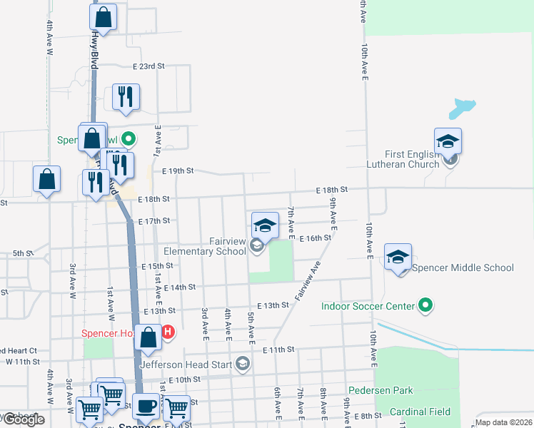 map of restaurants, bars, coffee shops, grocery stores, and more near 528 East 17th Street in Spencer