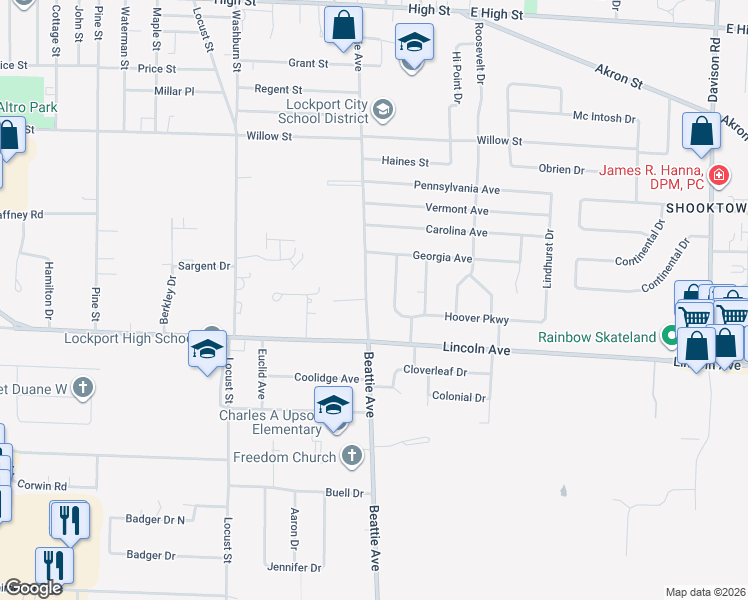map of restaurants, bars, coffee shops, grocery stores, and more near 304 Beattie Avenue in Lockport