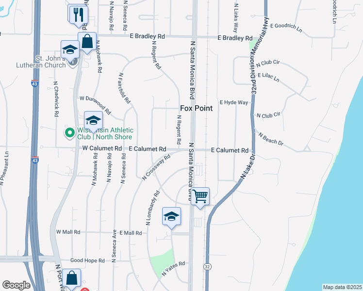 map of restaurants, bars, coffee shops, grocery stores, and more near 502 East Calumet Road in Fox Point