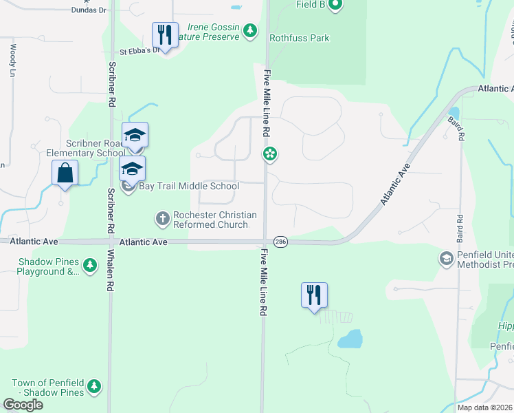 map of restaurants, bars, coffee shops, grocery stores, and more near 11 Cadence Court in Penfield