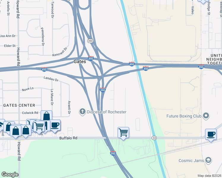 map of restaurants, bars, coffee shops, grocery stores, and more near 115 Dearcop Drive in Rochester