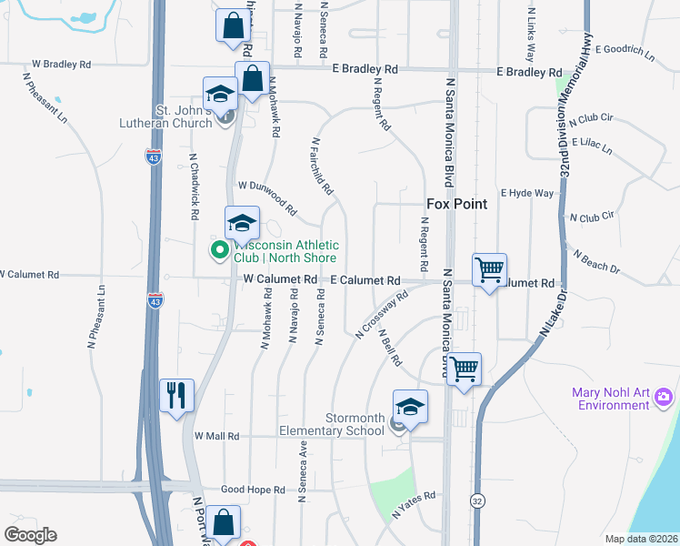 map of restaurants, bars, coffee shops, grocery stores, and more near 7603 North Fairchild Road in Fox Point