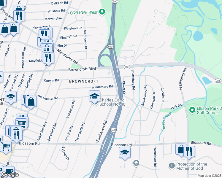 map of restaurants, bars, coffee shops, grocery stores, and more near 267 Windemere Road in Rochester