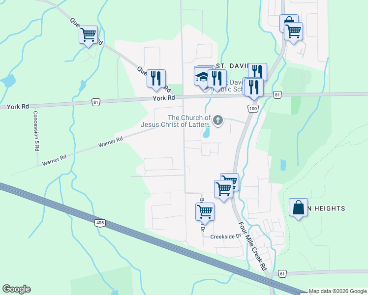 map of restaurants, bars, coffee shops, grocery stores, and more near Sawmill Lane in Niagara-on-the-Lake