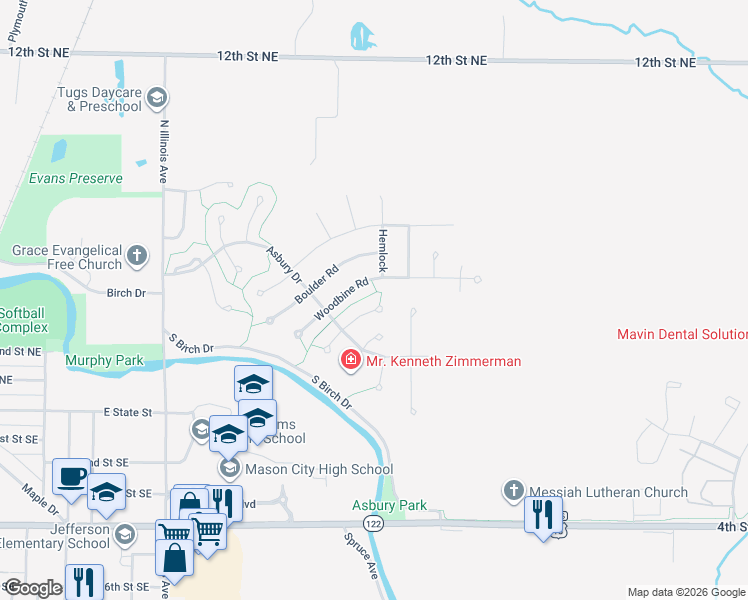 map of restaurants, bars, coffee shops, grocery stores, and more near 5 Field Road in Mason City