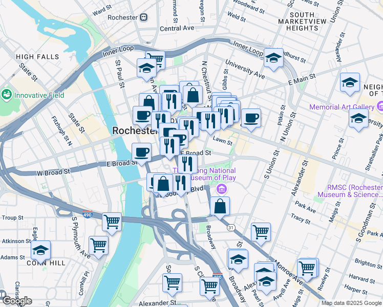 map of restaurants, bars, coffee shops, grocery stores, and more near 280 East Broad Street in Rochester