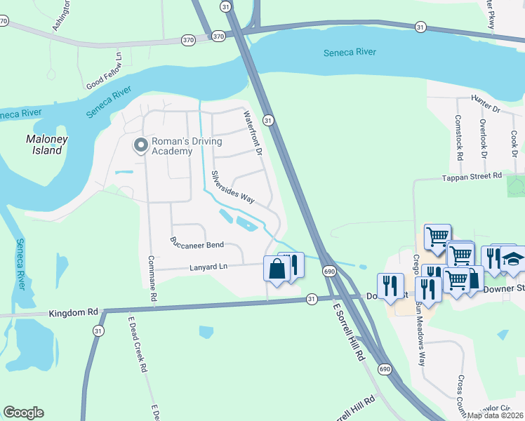map of restaurants, bars, coffee shops, grocery stores, and more near 73 Silversides Way in Baldwinsville