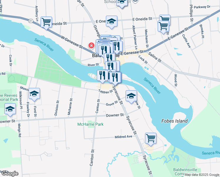 map of restaurants, bars, coffee shops, grocery stores, and more near 22 Syracuse Street in Baldwinsville