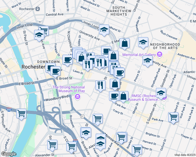 map of restaurants, bars, coffee shops, grocery stores, and more near 225 New York 96 in Rochester