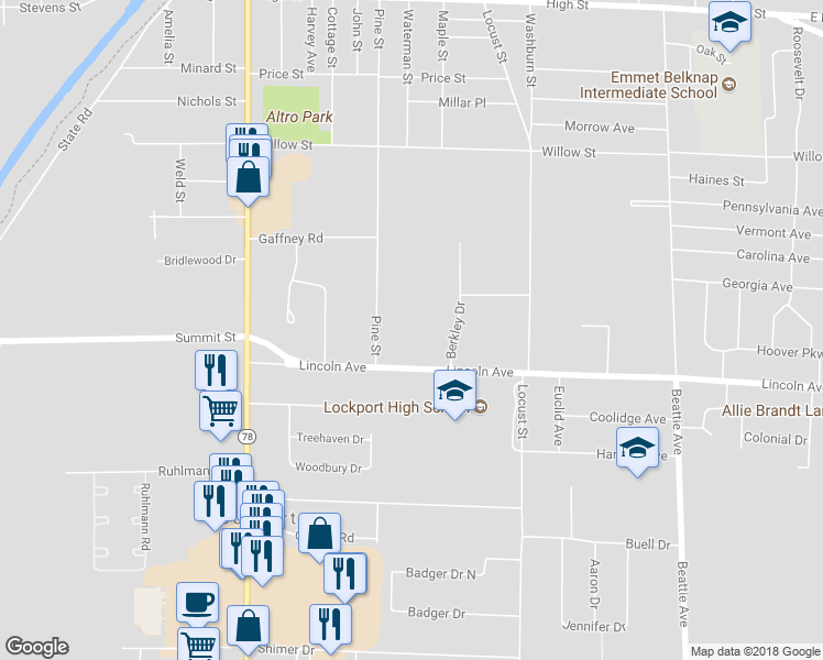 map of restaurants, bars, coffee shops, grocery stores, and more near 550 Pine Street in Lockport