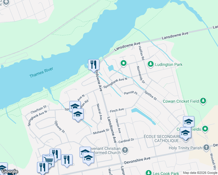 map of restaurants, bars, coffee shops, grocery stores, and more near 796 Springbank Avenue in Woodstock