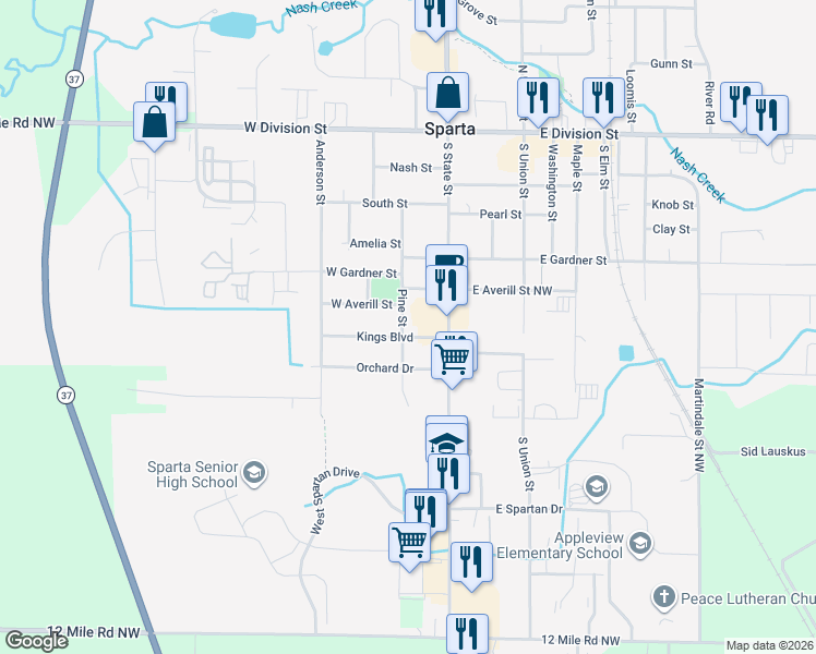 map of restaurants, bars, coffee shops, grocery stores, and more near 69 Kings Boulevard in Sparta