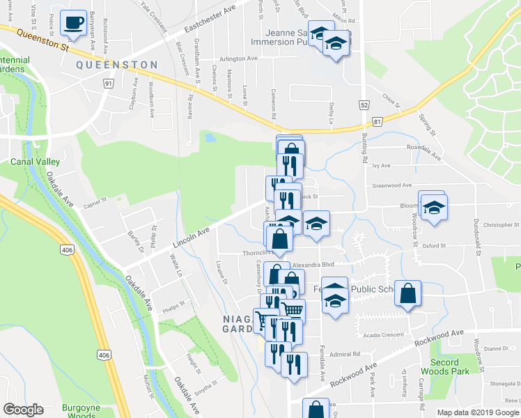 map of restaurants, bars, coffee shops, grocery stores, and more near 84 Lincoln Avenue in Saint Catharines