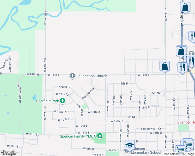 map of restaurants, bars, coffee shops, grocery stores, and more near 1204 West 18th Street in Spencer