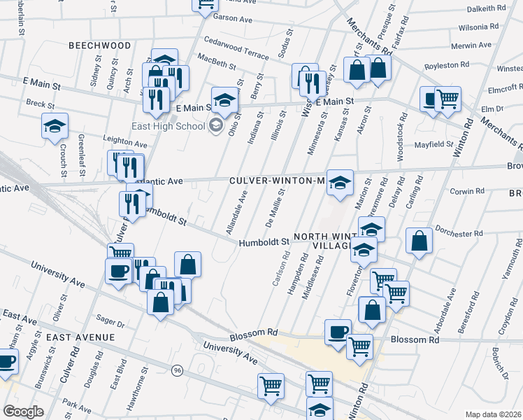 map of restaurants, bars, coffee shops, grocery stores, and more near 55 De Mallie Street in Rochester
