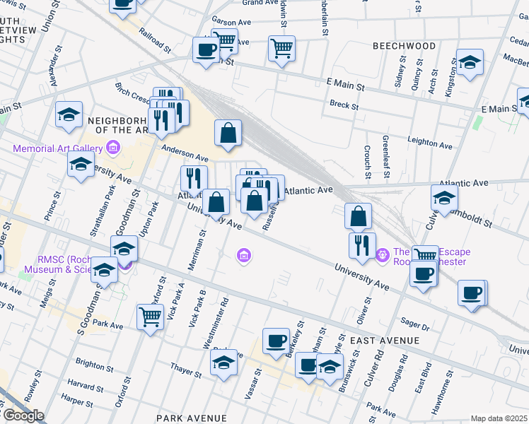 map of restaurants, bars, coffee shops, grocery stores, and more near 43 Russell Street in Rochester