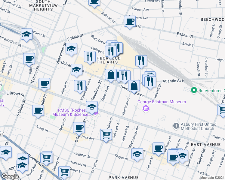 map of restaurants, bars, coffee shops, grocery stores, and more near 26 Rundel Park in Rochester