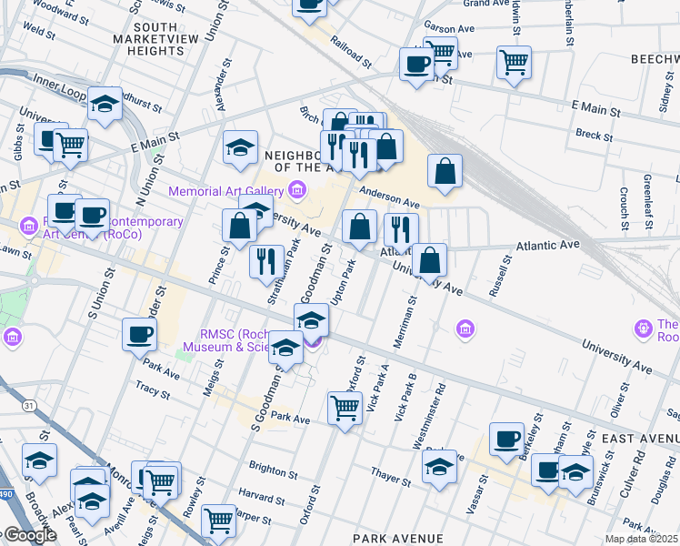 map of restaurants, bars, coffee shops, grocery stores, and more near 17 Upton Park in Rochester