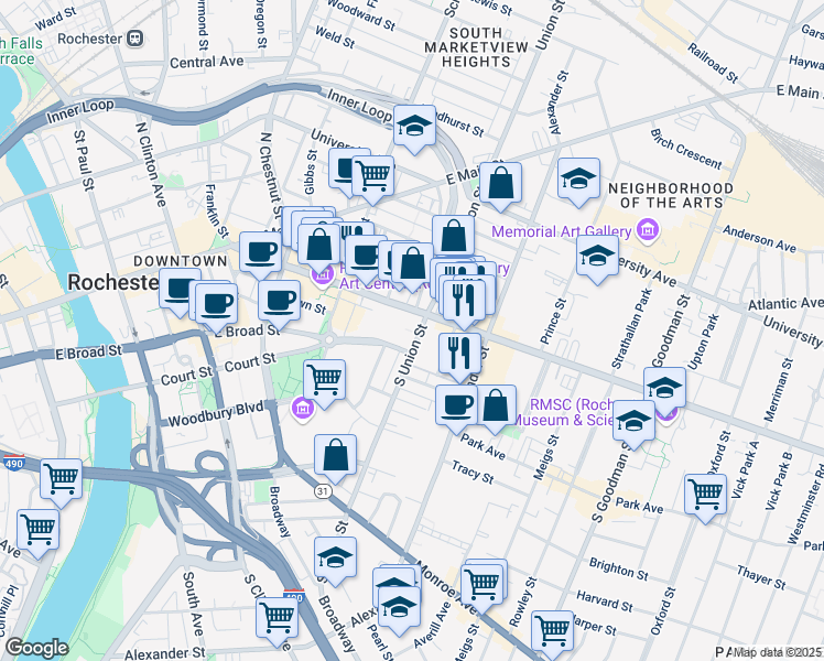 map of restaurants, bars, coffee shops, grocery stores, and more near 225 New York 96 in Rochester