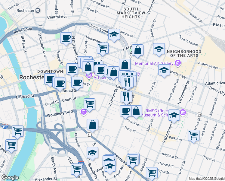 map of restaurants, bars, coffee shops, grocery stores, and more near 225 New York 96 in Rochester