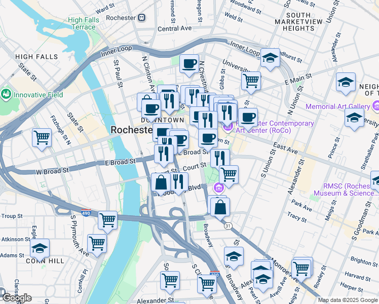 map of restaurants, bars, coffee shops, grocery stores, and more near 299 East Broad Street in Rochester