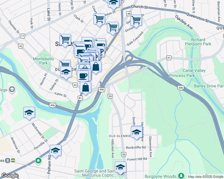 map of restaurants, bars, coffee shops, grocery stores, and more near 3 Regional Road 50 in St. Catharines