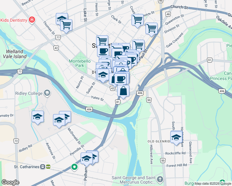 map of restaurants, bars, coffee shops, grocery stores, and more near 3 Ontario Lane in St. Catharines