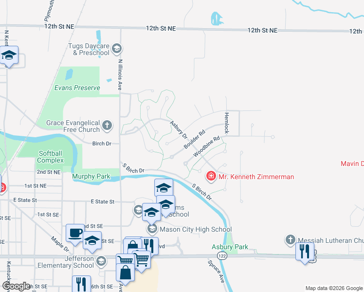 map of restaurants, bars, coffee shops, grocery stores, and more near 5 Boulder Road in Mason City