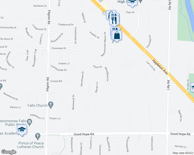 map of restaurants, bars, coffee shops, grocery stores, and more near Sylvan Lane in Menomonee Falls