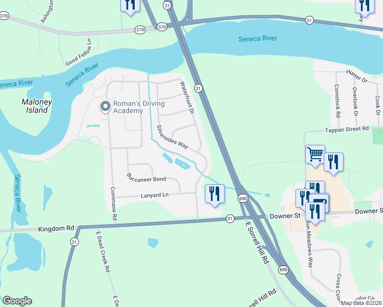 map of restaurants, bars, coffee shops, grocery stores, and more near 73 Silversides Way in Baldwinsville