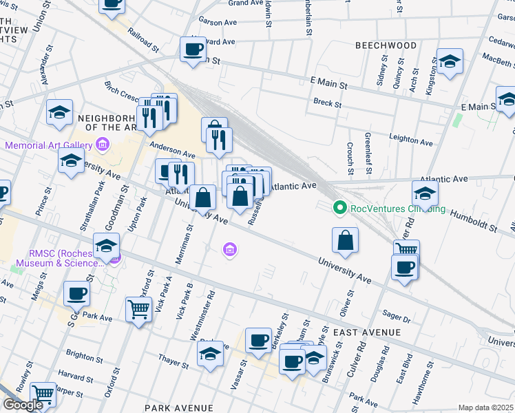map of restaurants, bars, coffee shops, grocery stores, and more near 43 Russell Street in Rochester