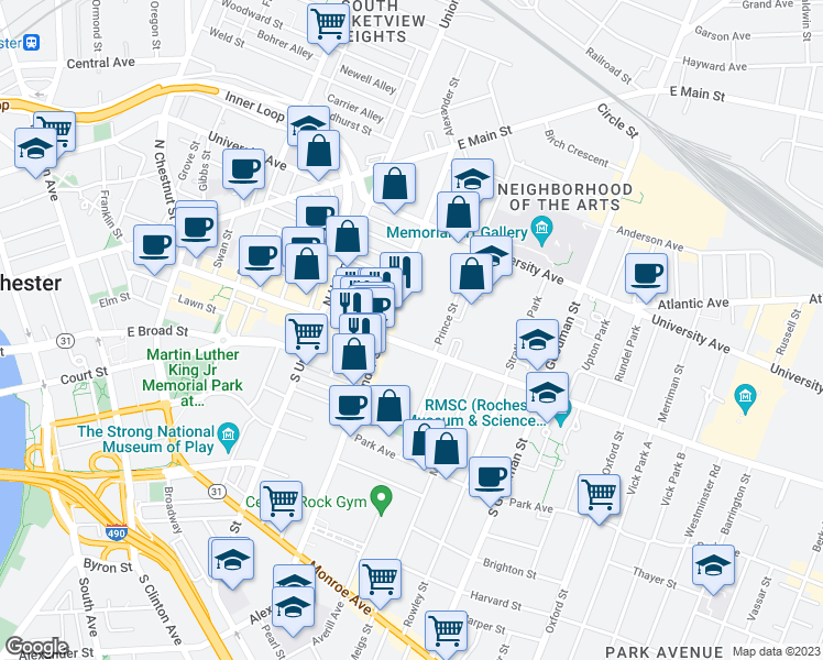 map of restaurants, bars, coffee shops, grocery stores, and more near 400 East Avenue in Rochester