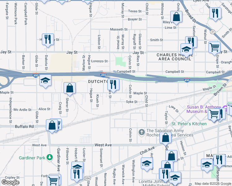 map of restaurants, bars, coffee shops, grocery stores, and more near Maple Street & Cedar Street in Rochester