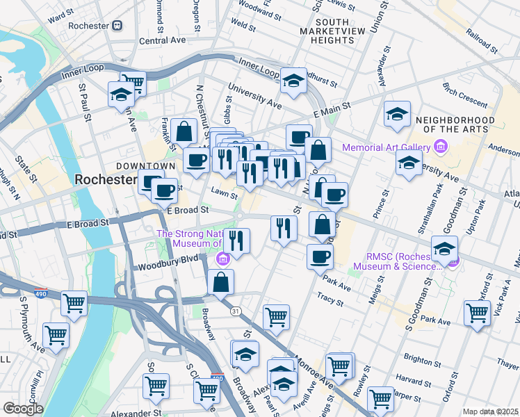 map of restaurants, bars, coffee shops, grocery stores, and more near 454 East Broad Street in Rochester