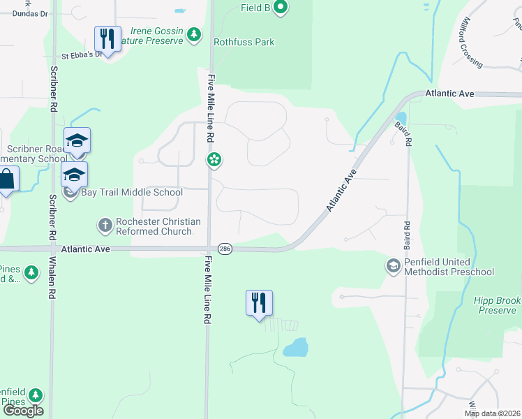 map of restaurants, bars, coffee shops, grocery stores, and more near 132 Stoneledge Way in Penfield