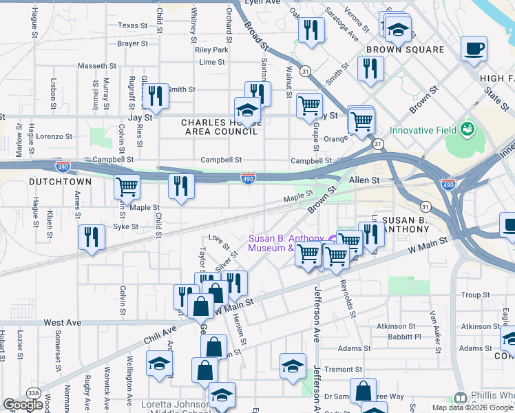 map of restaurants, bars, coffee shops, grocery stores, and more near 153 Wilder Street in Rochester