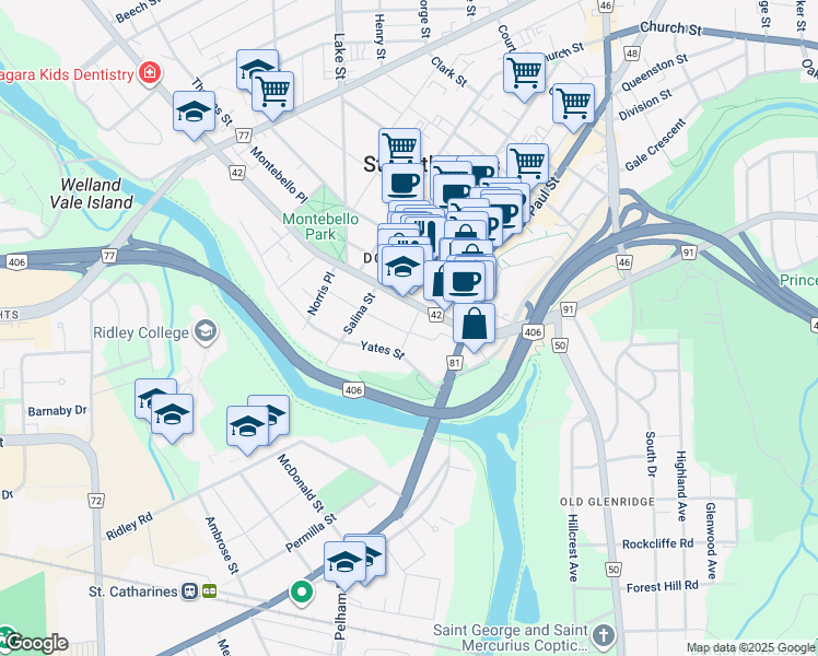 map of restaurants, bars, coffee shops, grocery stores, and more near 10 Trafalgar Street in Saint Catharines