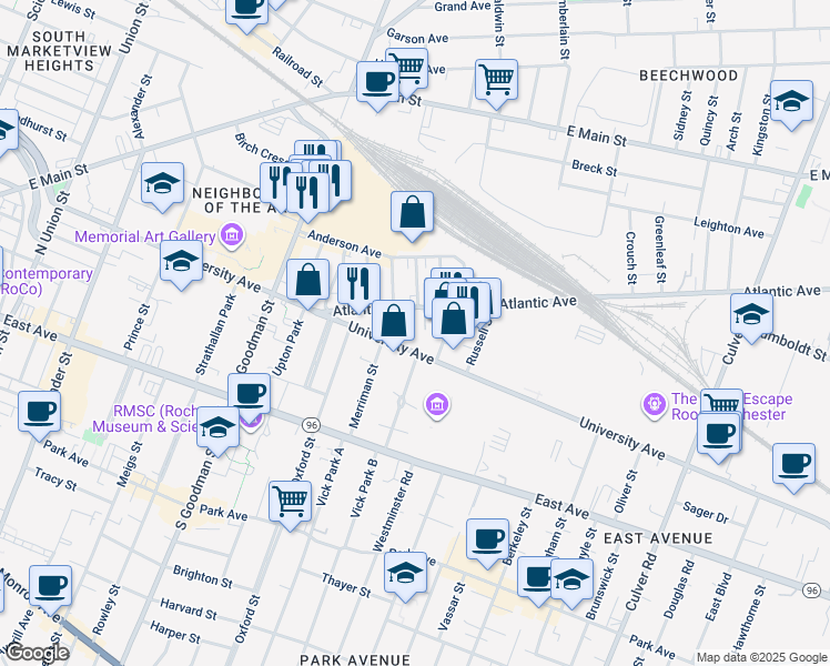 map of restaurants, bars, coffee shops, grocery stores, and more near 794 University Avenue in Rochester