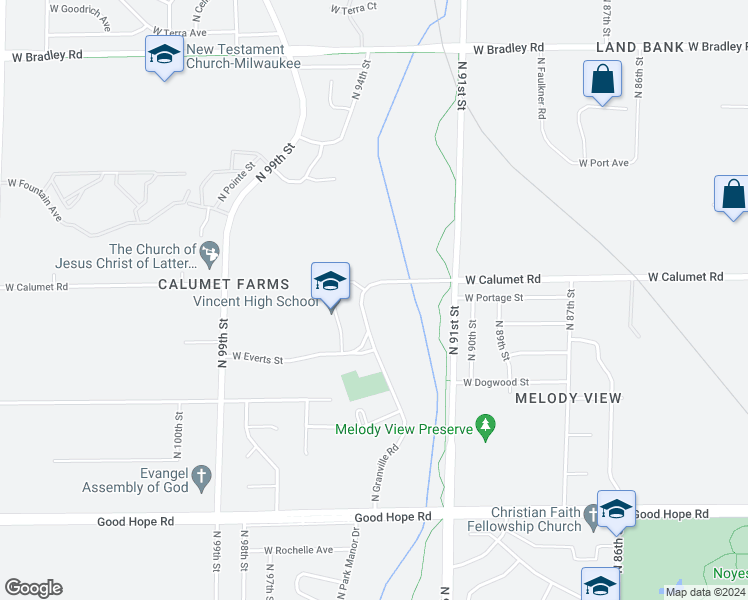 map of restaurants, bars, coffee shops, grocery stores, and more near 7512 North Granville Road in Milwaukee