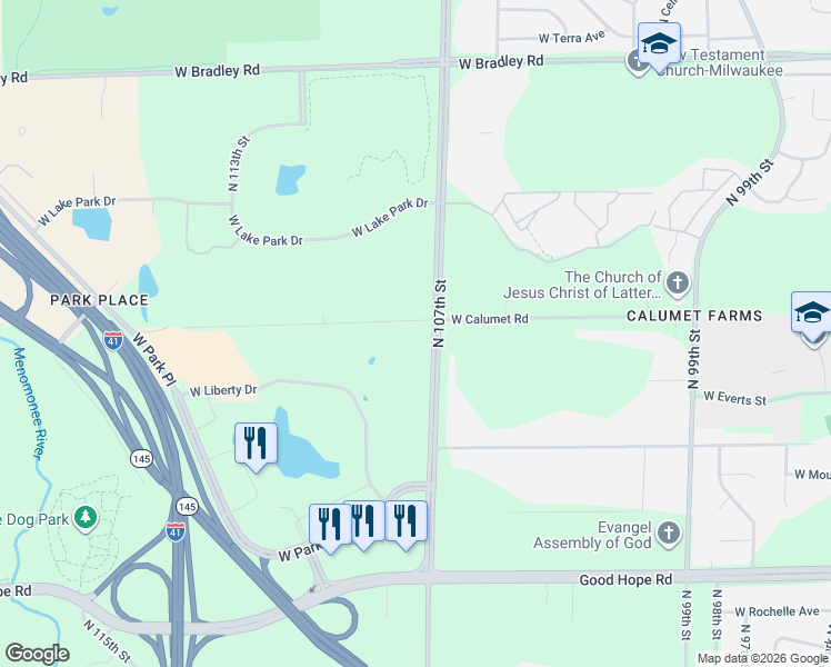 map of restaurants, bars, coffee shops, grocery stores, and more near 7549 North 107th Street in Milwaukee