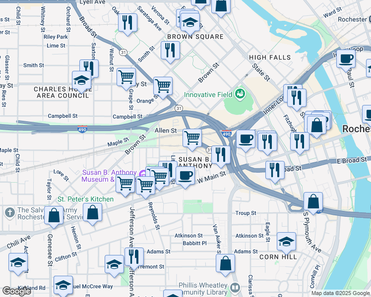 map of restaurants, bars, coffee shops, grocery stores, and more near 99 Canal Street in Rochester