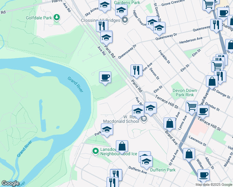 map of restaurants, bars, coffee shops, grocery stores, and more near 22 Inwood Drive in Brantford