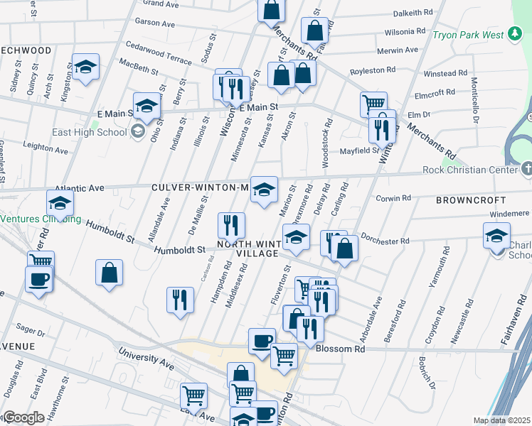 map of restaurants, bars, coffee shops, grocery stores, and more near 450 Humboldt Street in Rochester