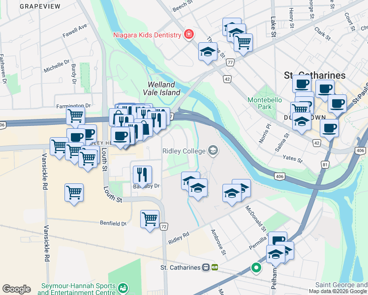 map of restaurants, bars, coffee shops, grocery stores, and more near 15 Springbank Drive in St. Catharines