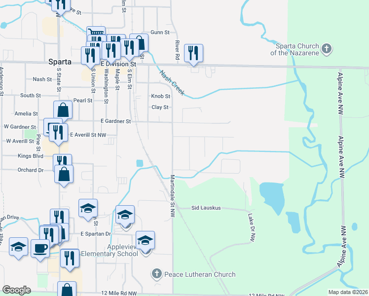 map of restaurants, bars, coffee shops, grocery stores, and more near 311 Blake Street in Sparta