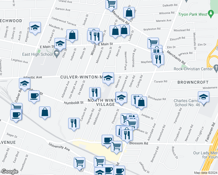 map of restaurants, bars, coffee shops, grocery stores, and more near 450 Humboldt Street in Rochester