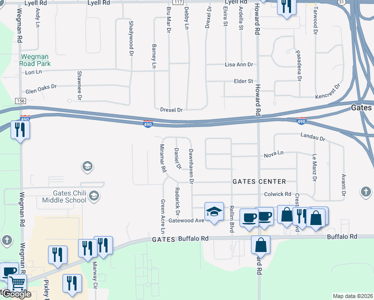 map of restaurants, bars, coffee shops, grocery stores, and more near 27 Dawnhaven Drive in Rochester
