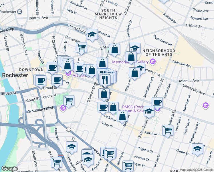 map of restaurants, bars, coffee shops, grocery stores, and more near in Rochester