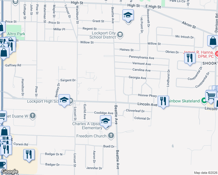 map of restaurants, bars, coffee shops, grocery stores, and more near 311 Beattie Avenue in Lockport