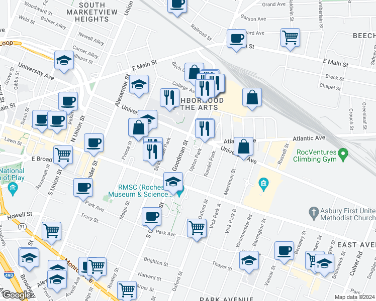map of restaurants, bars, coffee shops, grocery stores, and more near 17 Upton Park in Rochester